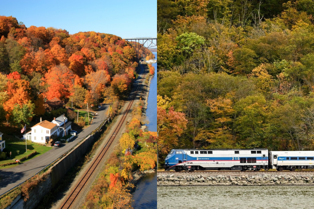 Los populares trenes «Leaf Peeper» de Metro-North Railroad y las vistas otoñales de la orilla oeste del río Hudson y del puente ferroviario de Poughkeepsie-Highland, en Nueva York