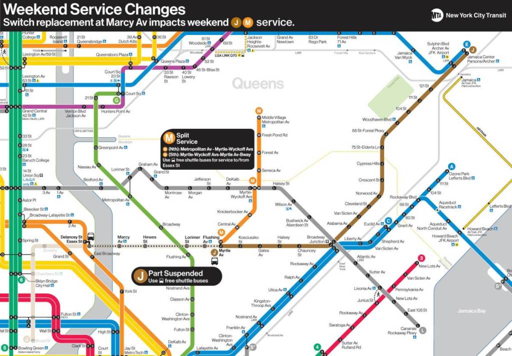 MTA NYC U-Bahn: Änderungen im Wochenendbetrieb – Weichenersatz an der Marcy Av beeinträchtigt den Wochenendbetrieb der Linien J und M