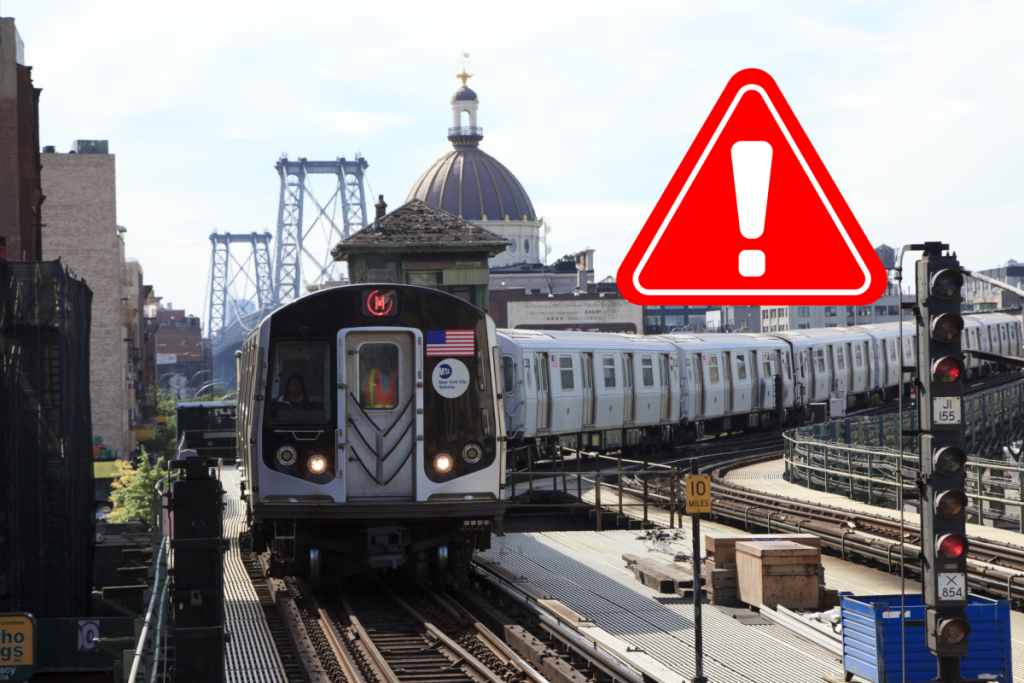Un métro des lignes M et A s'approchant d'une station à New York