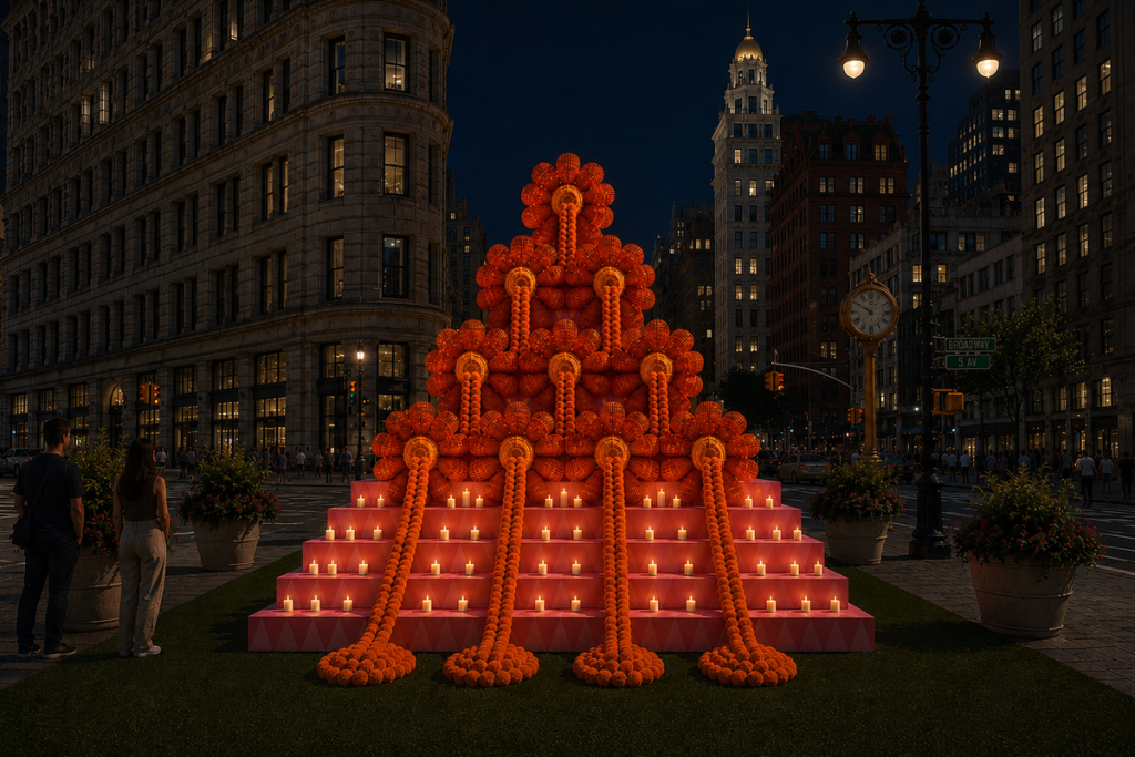 Een gigantisch Día de Muertos-altaar, gemaakt in samenwerking tussen Mexico en Brooklyn, neemt de Flatiron North Plaza over; de prachtige ‘Twenty Petal Flower’-ofrenda vormt het middelpunt van een maand vol gratis festiviteiten in Manhattan