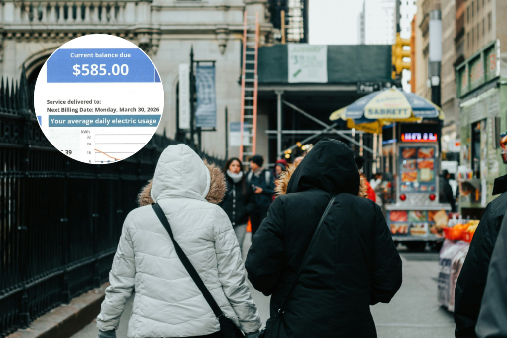 gente in cappotto a New York e una costosa bolletta della Con Edison