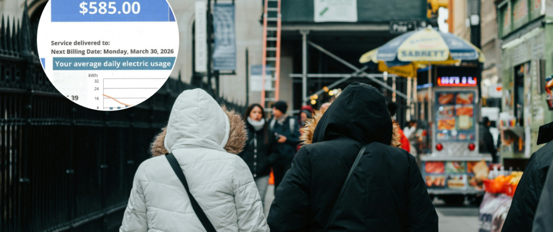 people in winter coats in NYC and an expensive Con Edison bill