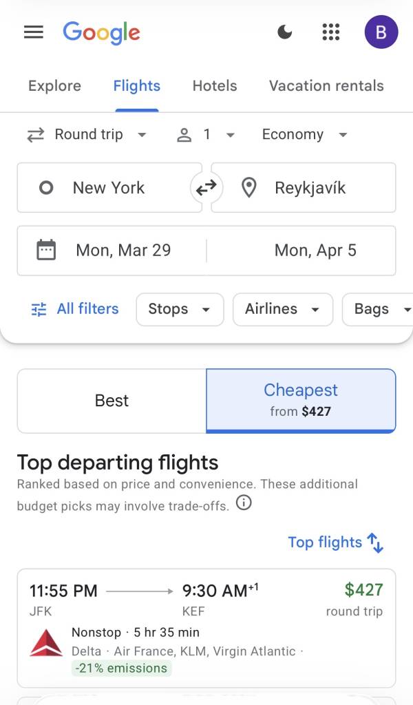 Google Flights – Registerkarte „Günstigste“