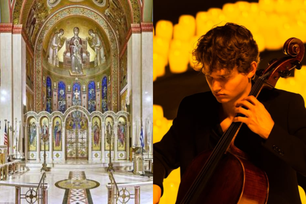 A collage of the Archdiocesan Cathedral of the Holy Trinity and a close up of a cellist during a Candlelight concert