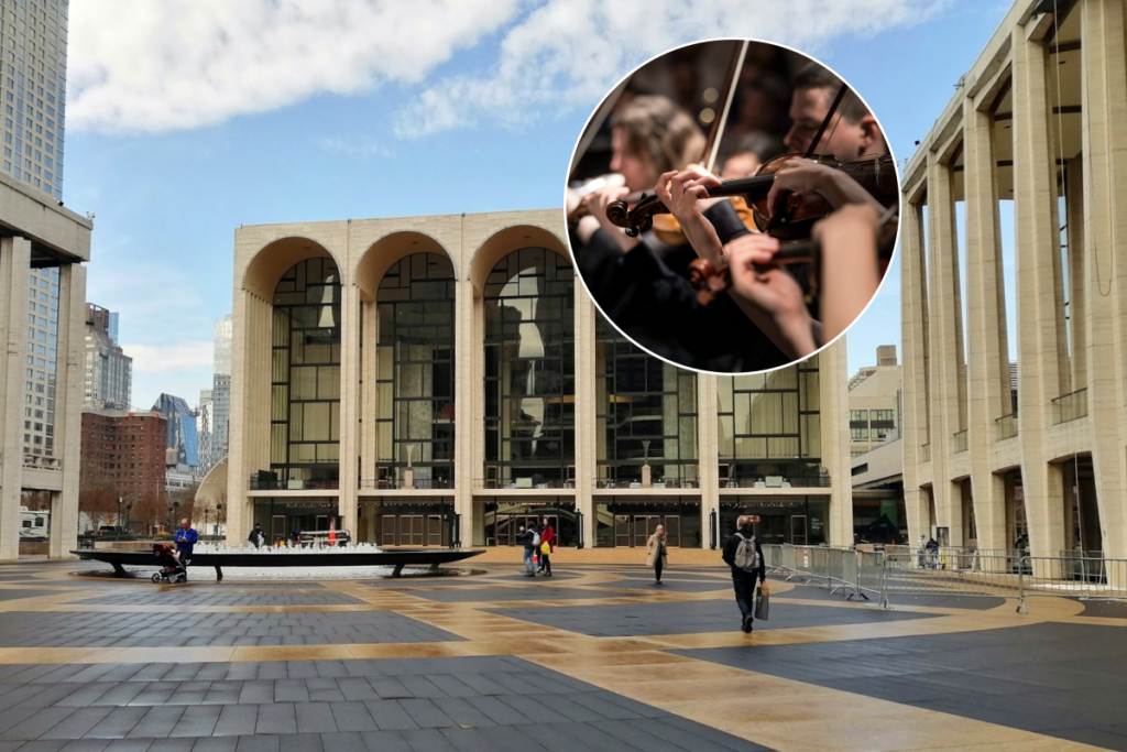 Lincoln Plaza in NYC pictured in the background and a close up of classical musicians playing the strings