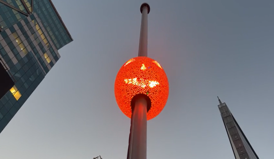 Midtown’s historic Times Square New Year’s Eve Ball will light up like a giant pumpkin this weekend for Halloween