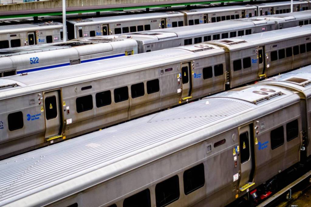 Aerial view of Long Island Rail Road trains in a station in New York