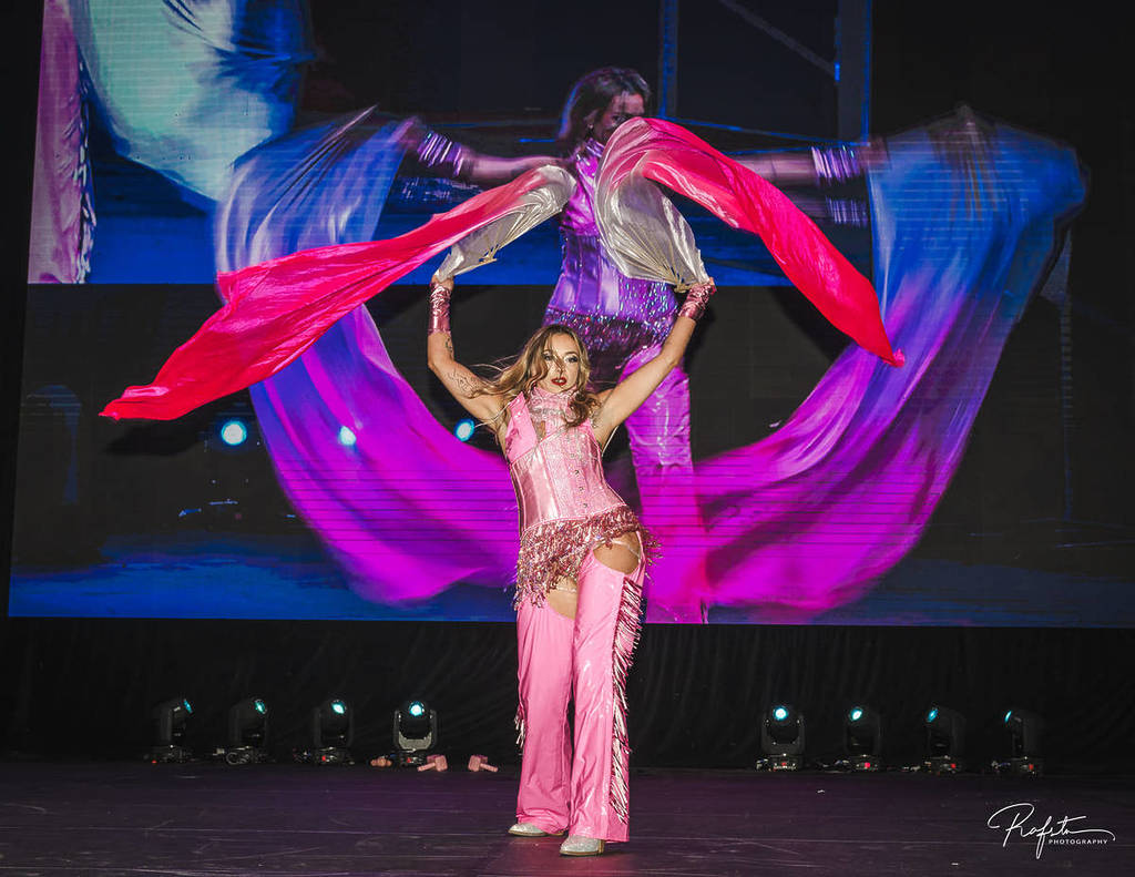 A woman in a pink, glittery outfit performs with pink and silver fabrics at Sexpo 2026.