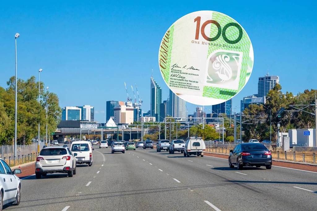 a picture of a highway in perth, wa to show the new policy of aussie drivers getting $100 for fuel with a hundred Australian dollar bill in the top right corner.