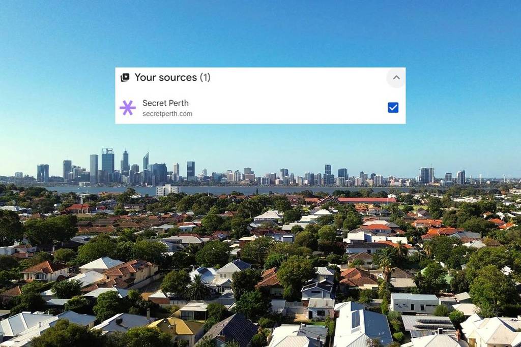 Add Secret Perth as a trusted news source on Google. Image shows a panaromic view of the WA city with a screenshot of the Secret Perth website being a top news source.
