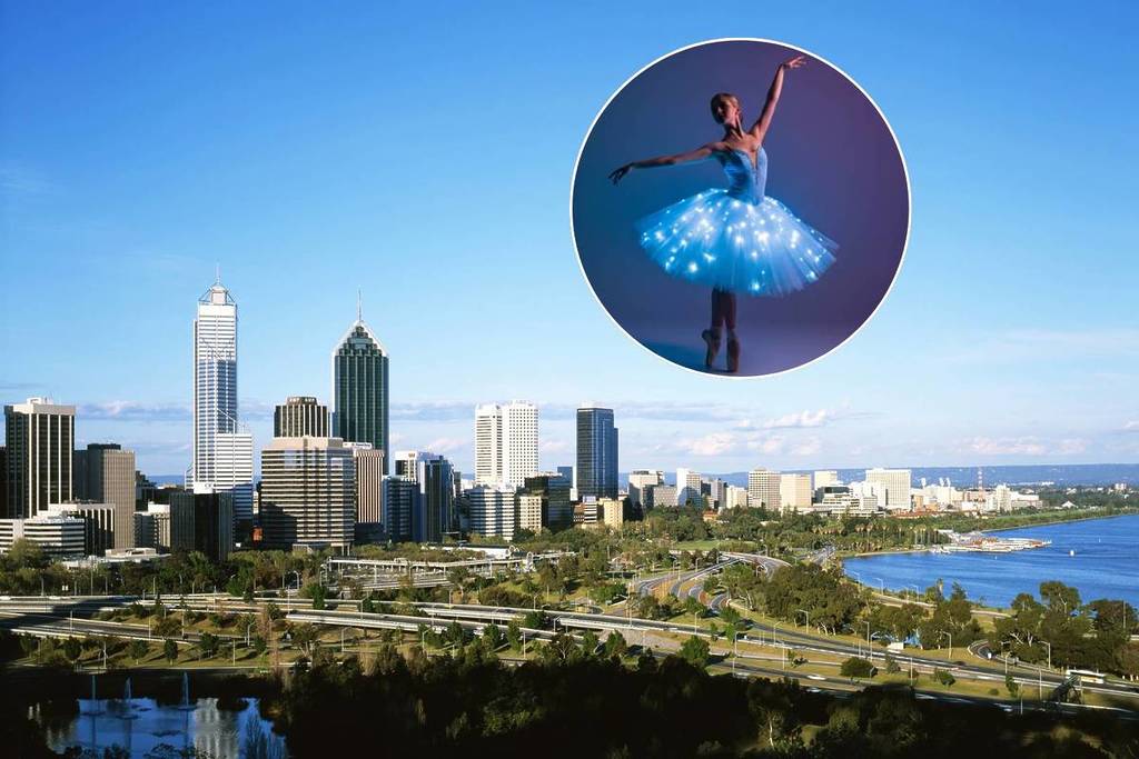 The image shows the skyline of Perth with a s ballet dancer wearing a lit-up tutu. It represents things to do in Perth in June.