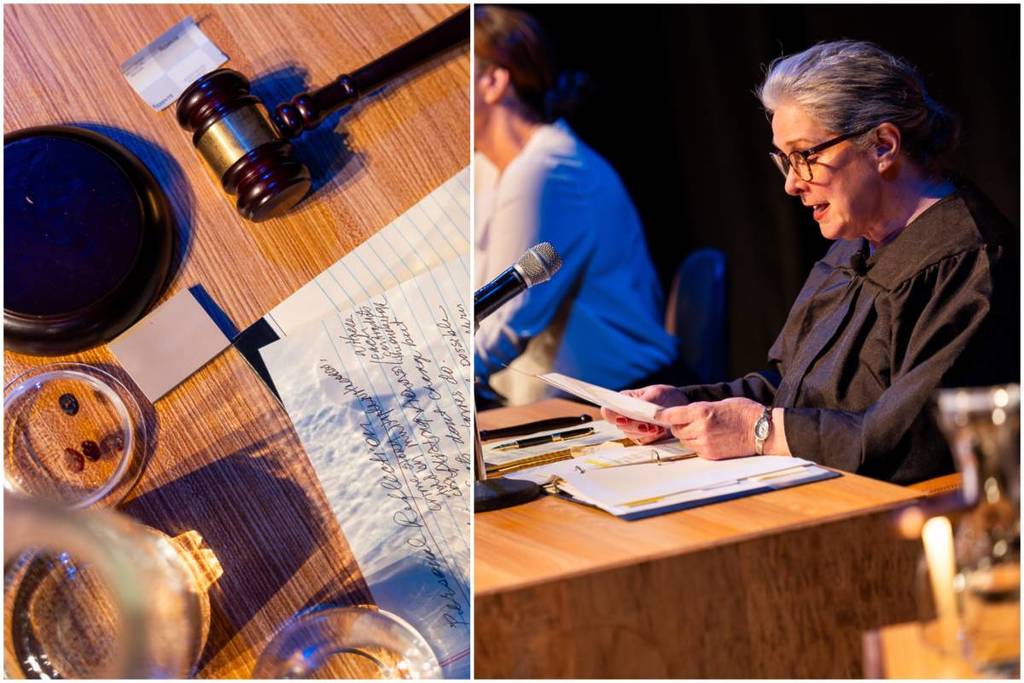 A judge's bench filled with documents, evidence and a gavel and the judge reading the indictment out loud