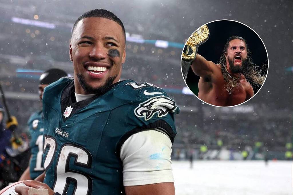 Image shows Saquon Barkley and WWE, as a way to change the sport