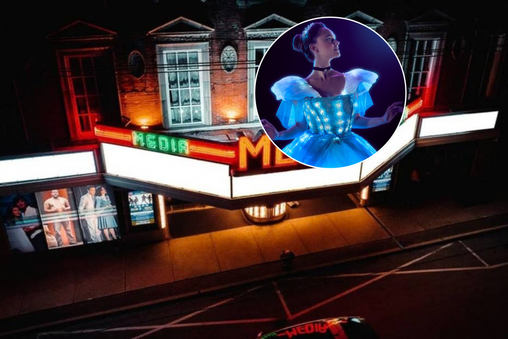 A collage of The Media Theatre marquee and facade and a ballerina in a glowing Cinderella costume