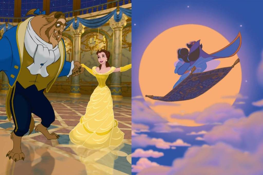 La bella e la Bestia mentre ballano a palazzo e Aladdin e Jasmin volano sul tappeto
