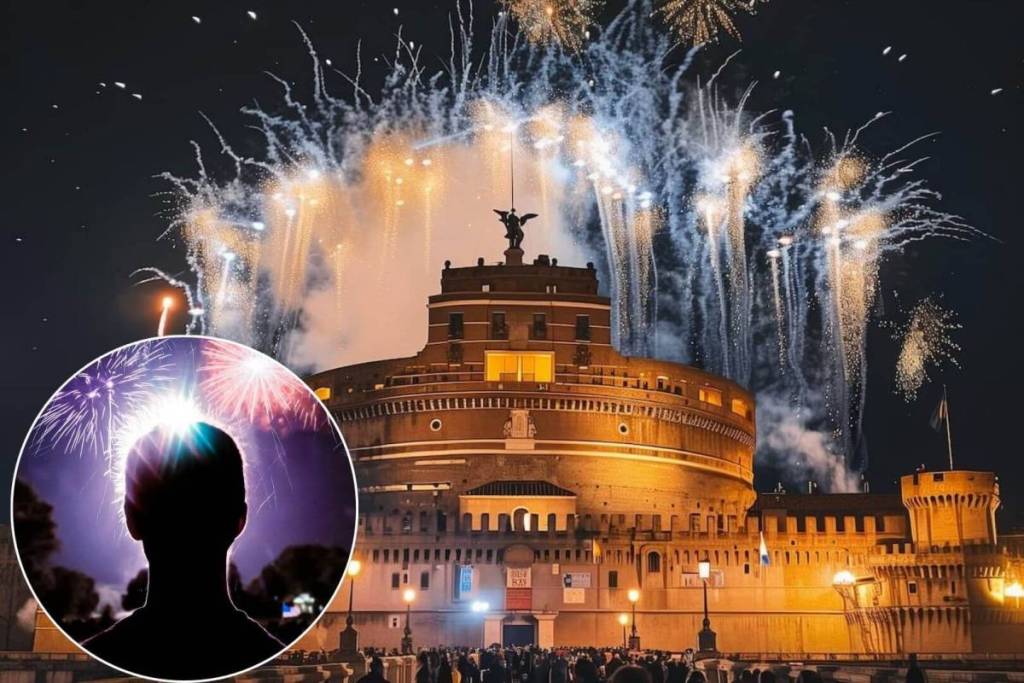 Fireworks from the Girandola above Castel Sant’Angelo, with a crowd below admiring them, Rome
