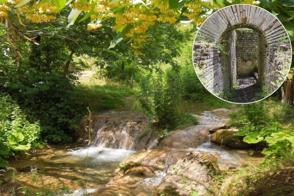 Una piccola cascata tra rocce e felci lungo un torrente dei Monti Lucretili, vicino Roma e resti della Villa di Orazio a Licenza