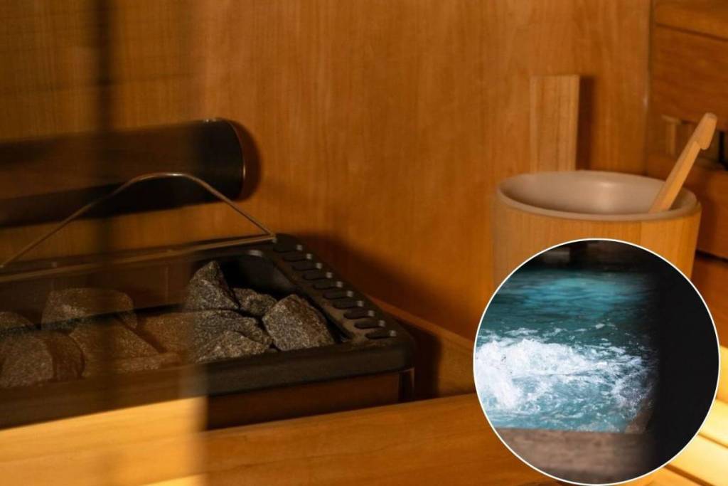 Detail of the interior of a wooden sauna with a metal stove filled with stones, a tub, and a ladle. In an overlapping circle at the bottom right, the bubbling water of a turquoise hot tub.