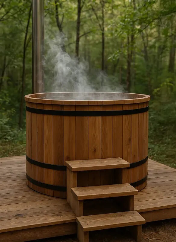 A Finnish wooden tub with black reinforcement rings, complete with an access ladder, set on a wooden platform nestled in a lush forest. You can see steam rising from the hot water and a metal chimney.