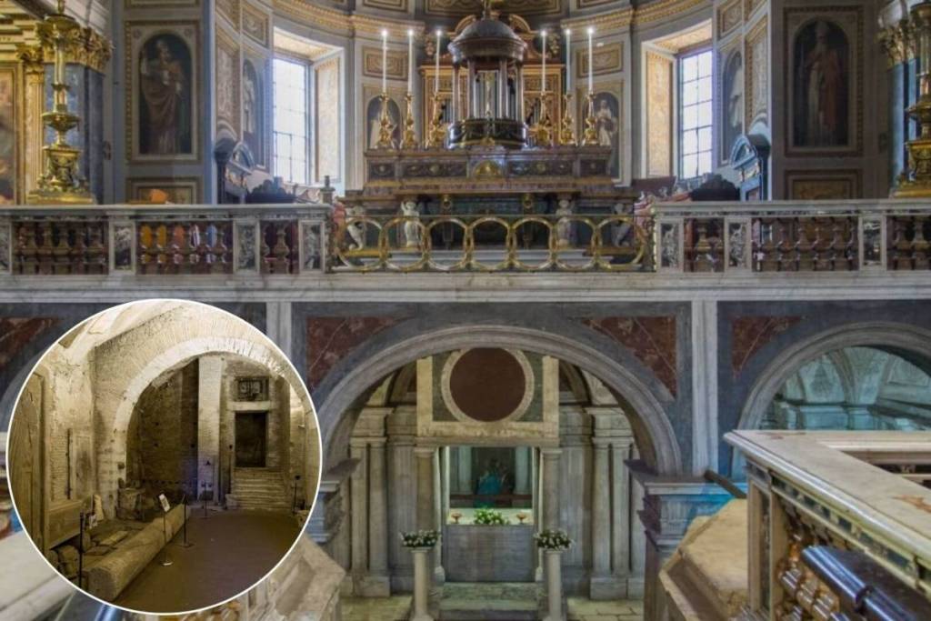 Altar mayor de la Basílica de los Santos Silvestro y Martino ai Monti y detalle del Titulus Equitii en los subterráneos de Roma