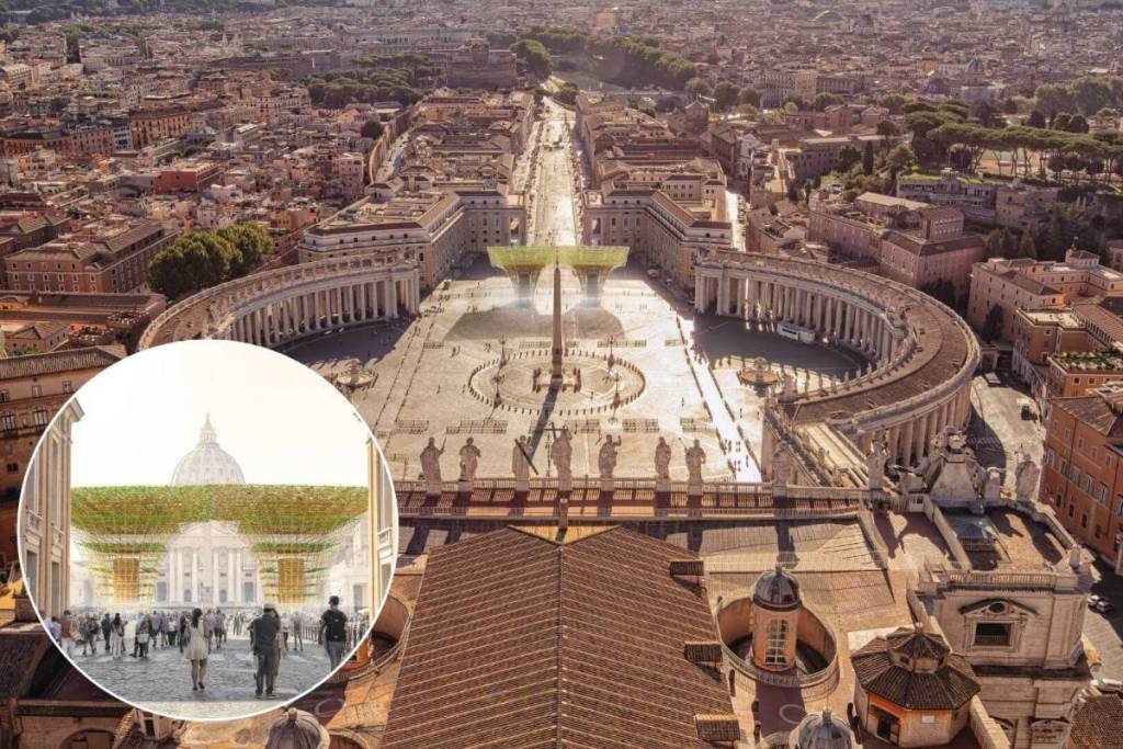 Vista aérea da Praça de São Pedro, em Roma, com uma inserção gráfica da estrutura da árvore climática.