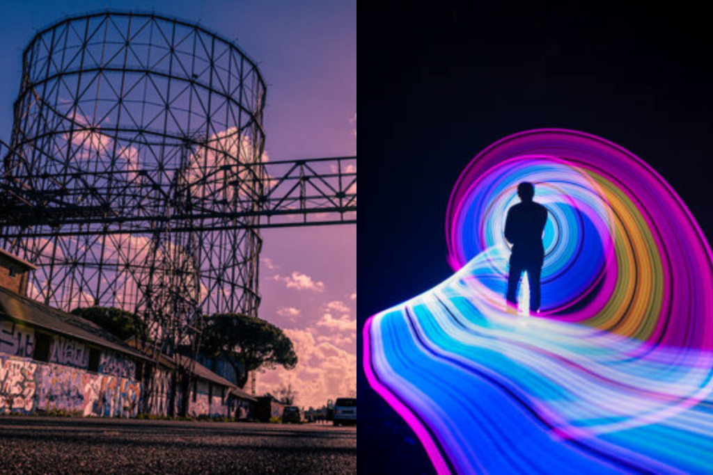 a sinistra il gazometro d roma al tramonto, a destra un uomo nel mezzo di uno spettacolo di luci