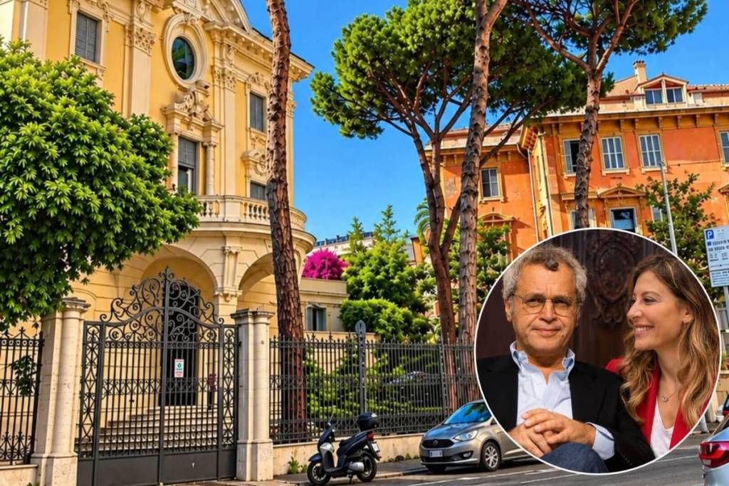 Enrico Mentana e Francesca Fagnani in un riquadro fotografico su una strada del quartiere Parioli a Roma.