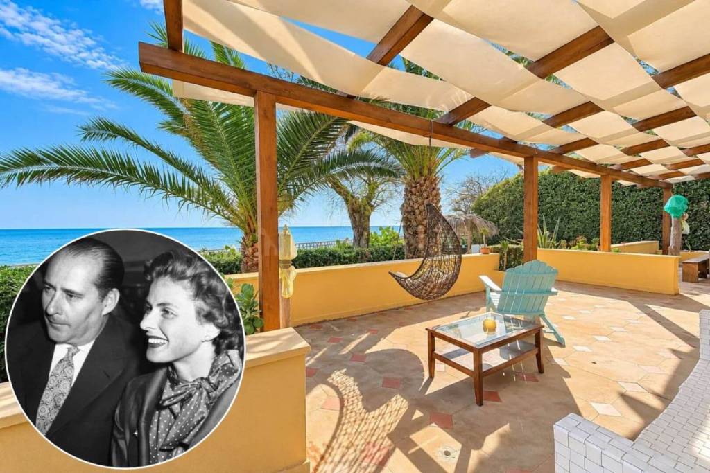 Villa Rossellini a Santa Marinella in vendita, terrazza panoramica sul mare e fotografia storica di Ingrid Bergman e Roberto Rossellini.