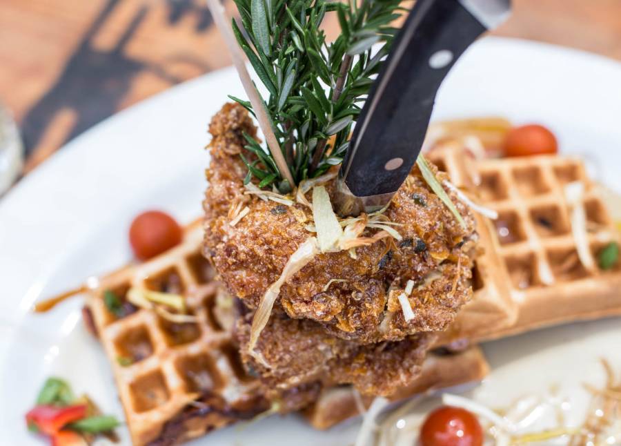 fried chicken sandwich and waffles