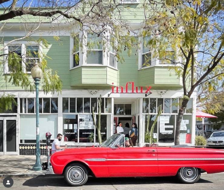 red car in front of coffee shop in San Diego