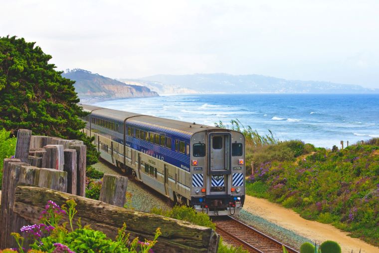 a train in California with ocean views