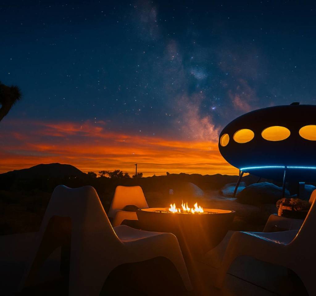 Area 55 airbnb at night in the desert