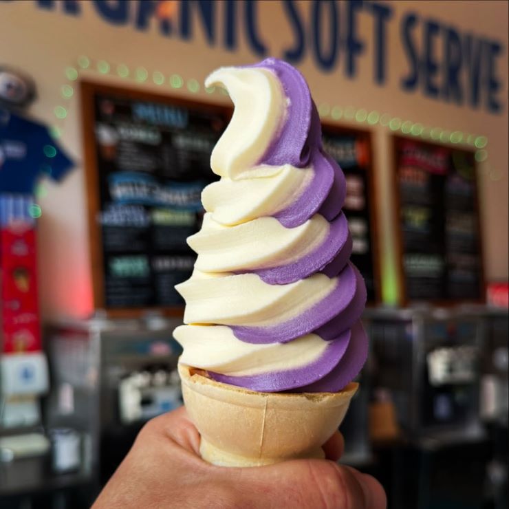 white and purple ice-cream soft serve in a cone in San Diego