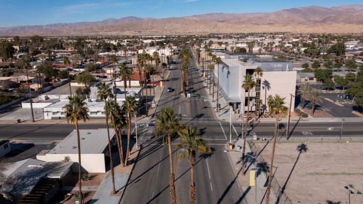 street and palm trees in Indio, California