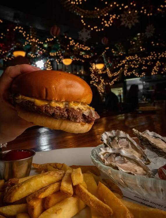 burger oysters and fries at a Christmas pop-up