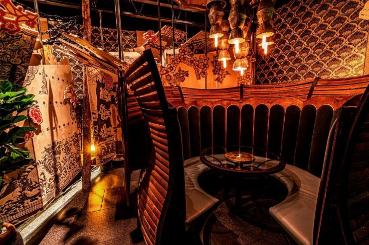 inside an Asian inspired speakeasy cocktail bar in San Diego