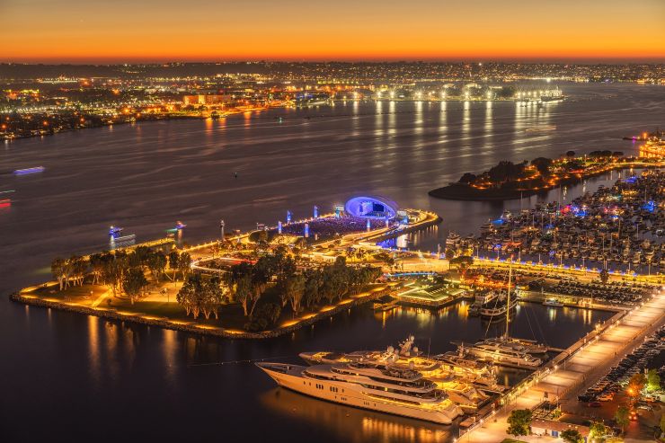 Rady Shell and marina seen from above in San Diego at night