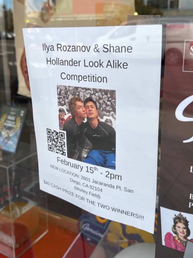 announcement on the street for a Heated Rivalry look-a-like contest