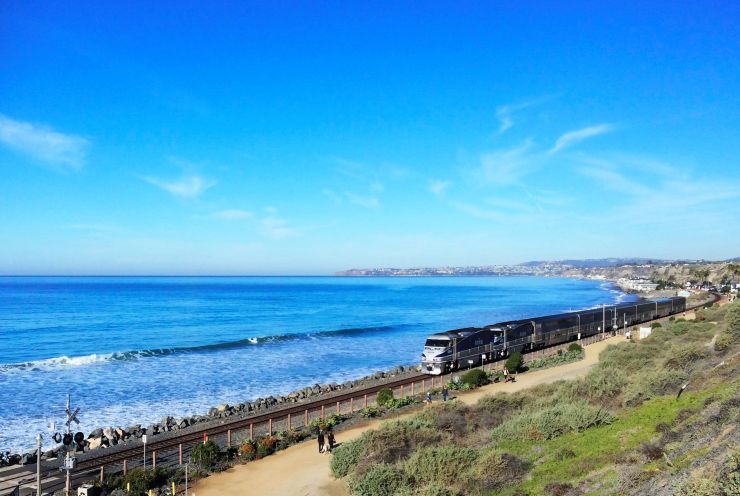 Pacific Surfliner passing by the beach in San Clemente