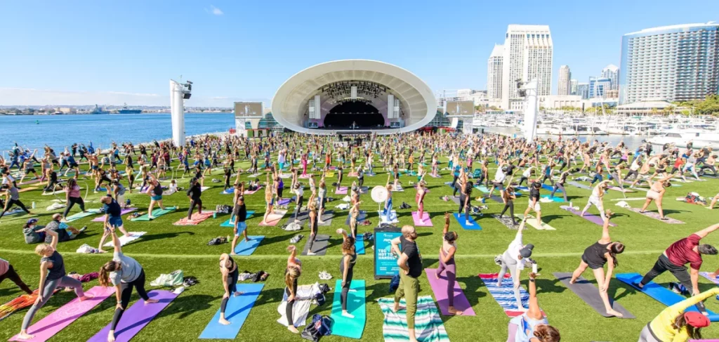 people doing healthy  yoga outside in San Diego