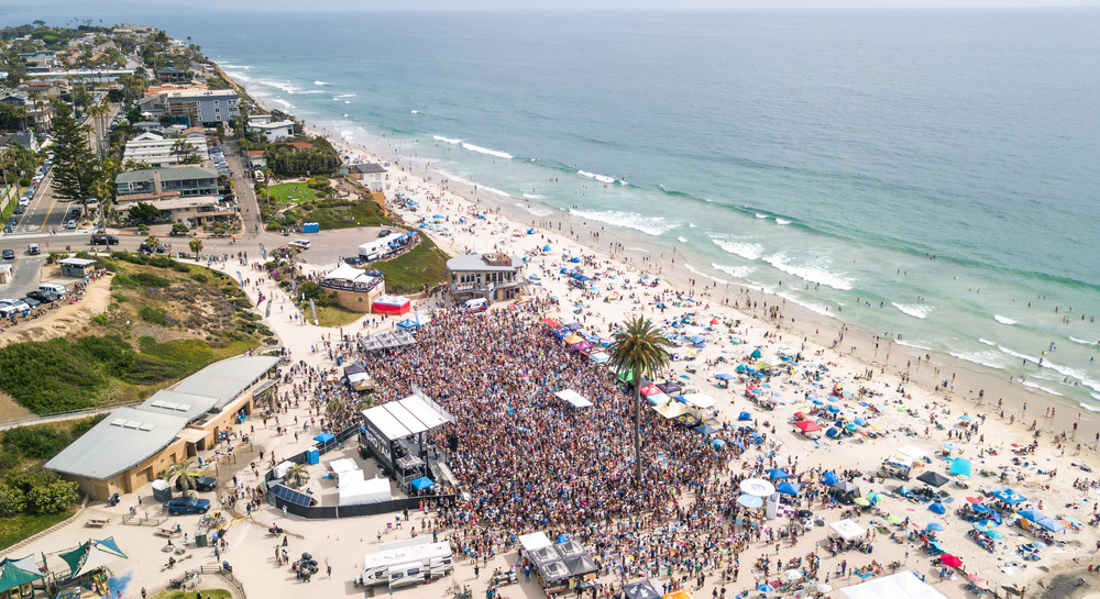 people at beach party in Encinitas, San Diego