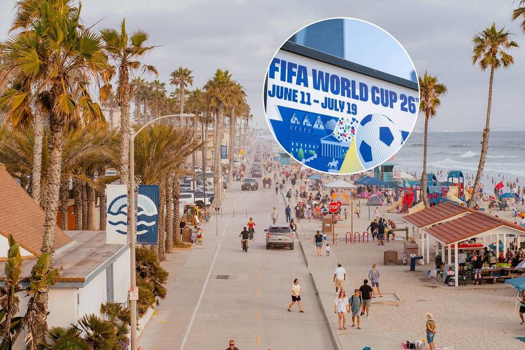 Background of Mission Beach, San Diego, with a small picture of a sign with Fifa World Cup 2026