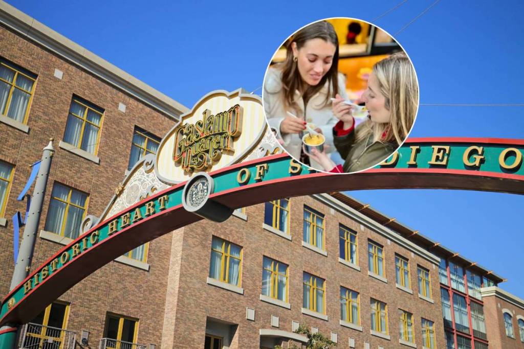 Gaslamp sign and a group of girls trying food