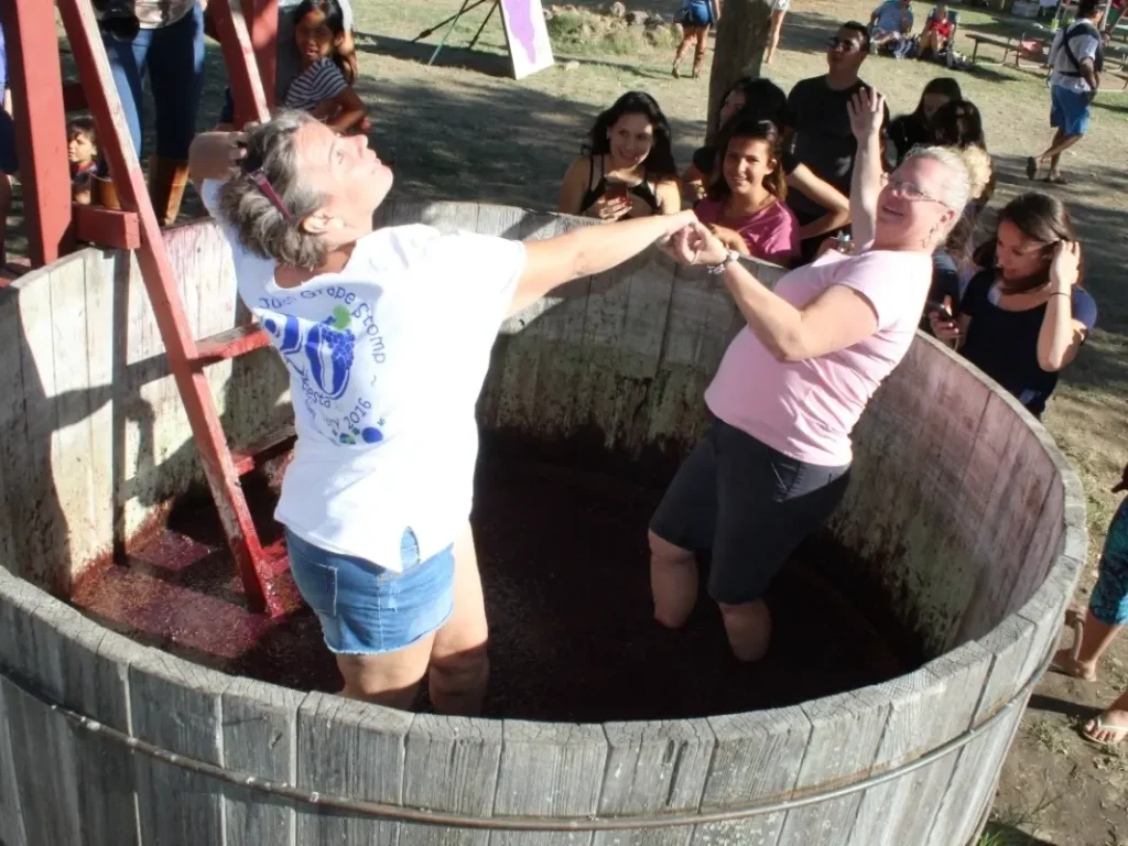 Dos chicas pisando uvas