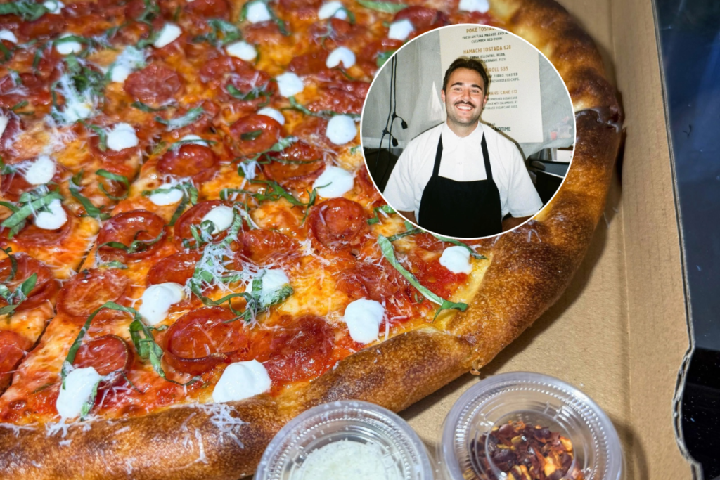 close up of a homemade San Diego pizza and the chef