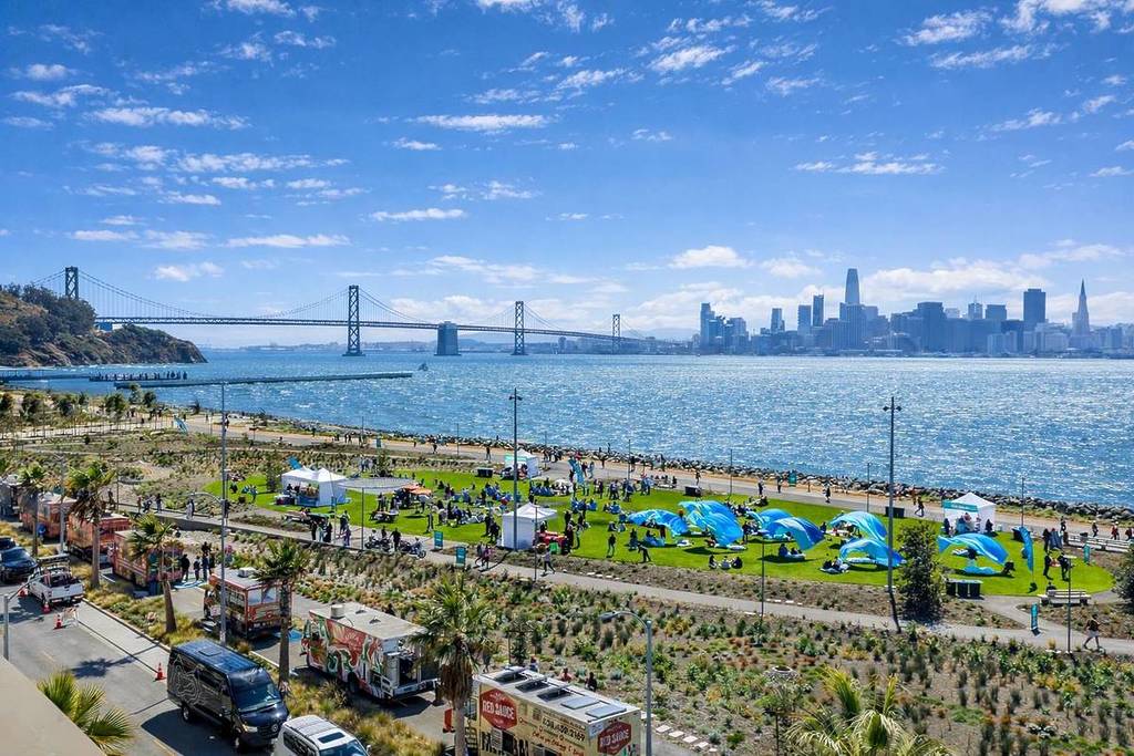 a waterfront park with food trucks in SF