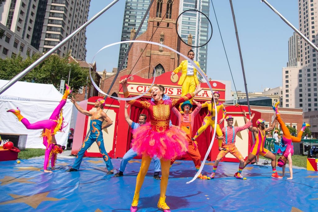 Catch a free 60-minute circus performance with a live band at Yerba Buena Gardens this weekend—complete with acrobats, aerialists, and jugglers