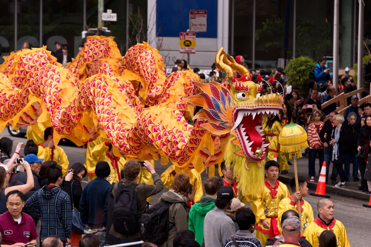 Dancers perform with a traditional dragon at the Chinese New Year Parade in San Francisco