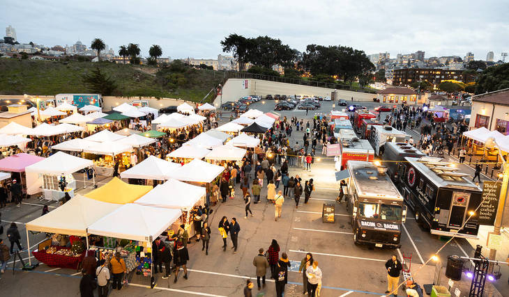 A night market with 60 craft vendors, over 25 food trucks, and live music is taking over SF’s Fort Mason Center this weekend