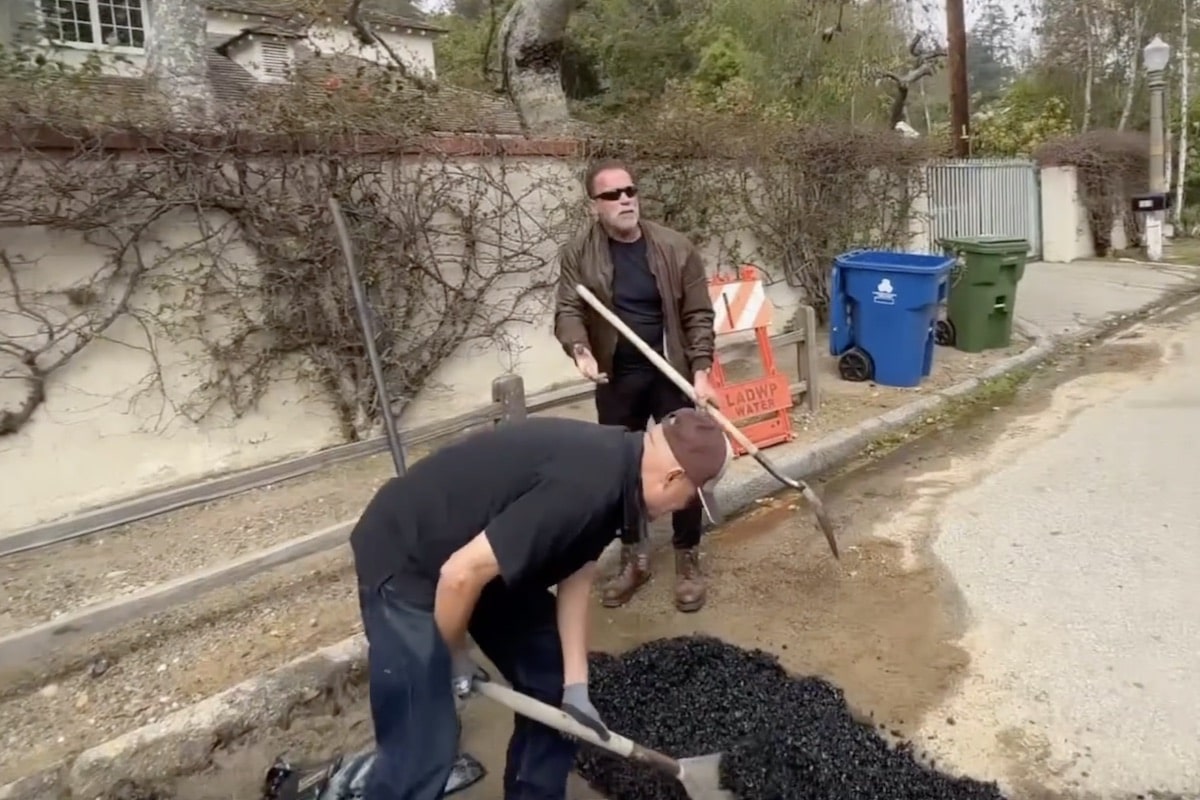 Arnold Schwarzenegger Fills 'Giant Pothole,' That Ended Up Being A Gas